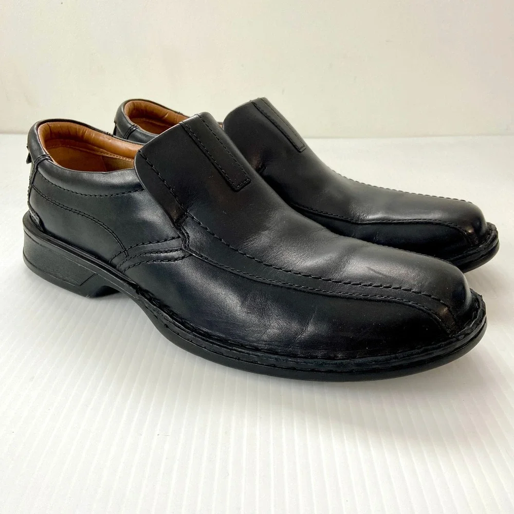 Clarks Black Leather Slip On Casual Loafer‎ Shoes Mens 10.5 Wide